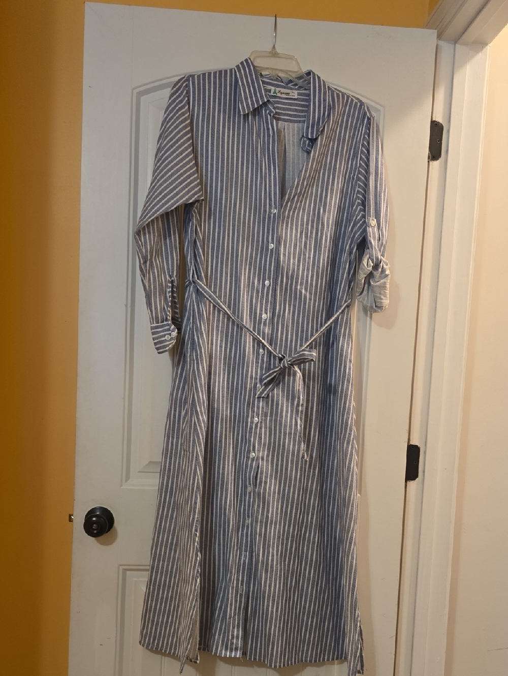 Striped Blue and White Midi Shirt Dress with Tie Waist